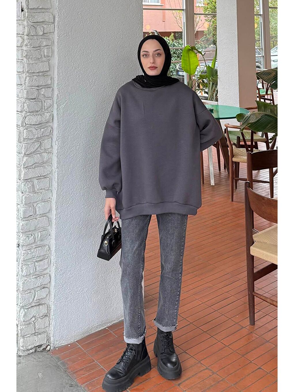 Jasmin Bisiklet Yaka Oversize Sweat Antrasit