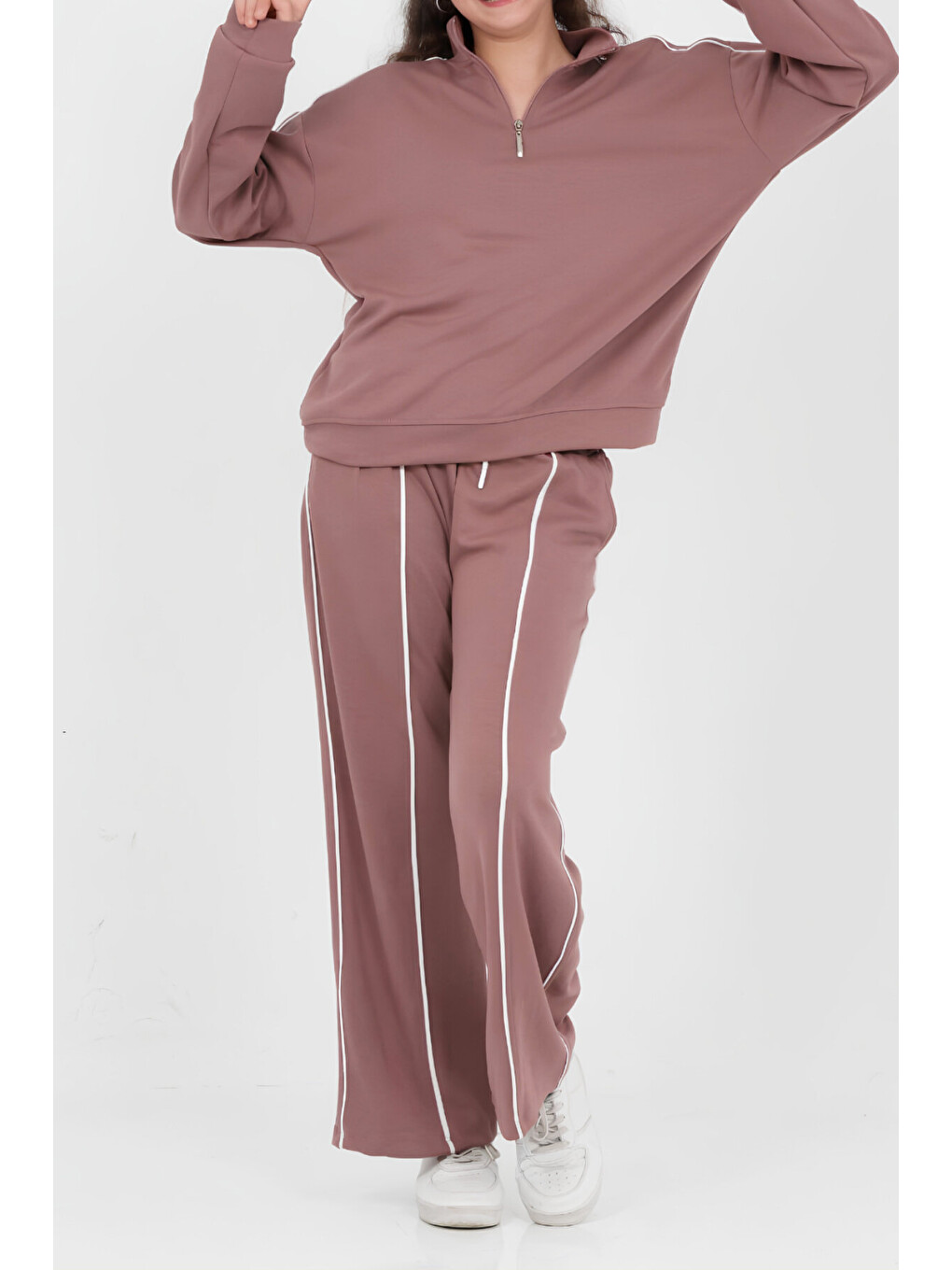 Pembe Kız Çocuk Yarım Fermuarlı+double Face Kumaş Alt-üst Takım 6-15 Yaş 12777blt-2