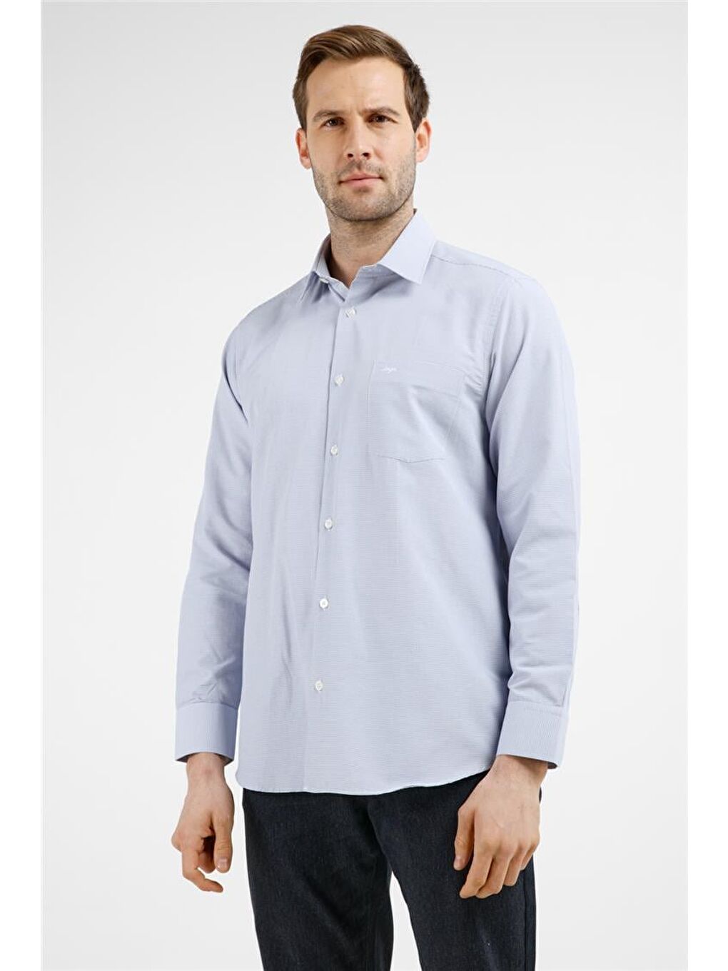 Lacivert Kareli Desen Sert Yaka Uzun Kol Cepli Comfort Fit Pamuklu Gömlek 1004255221-4