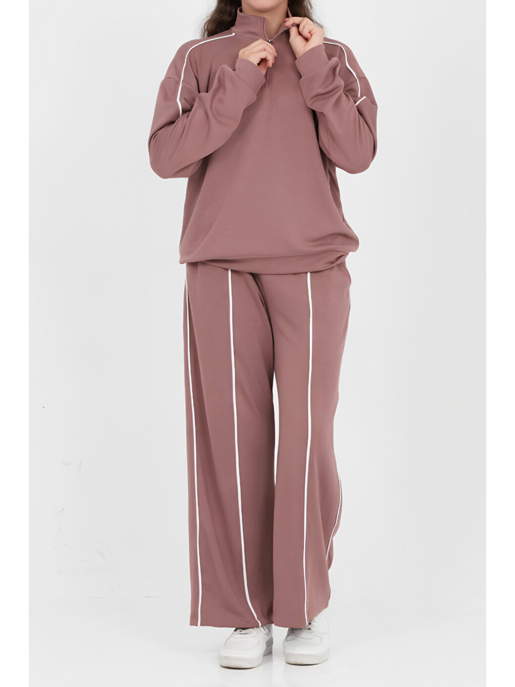 Pembe Kız Çocuk Yarım Fermuarlı+double Face Kumaş Alt-üst Takım 6-15 Yaş 12777blt-3