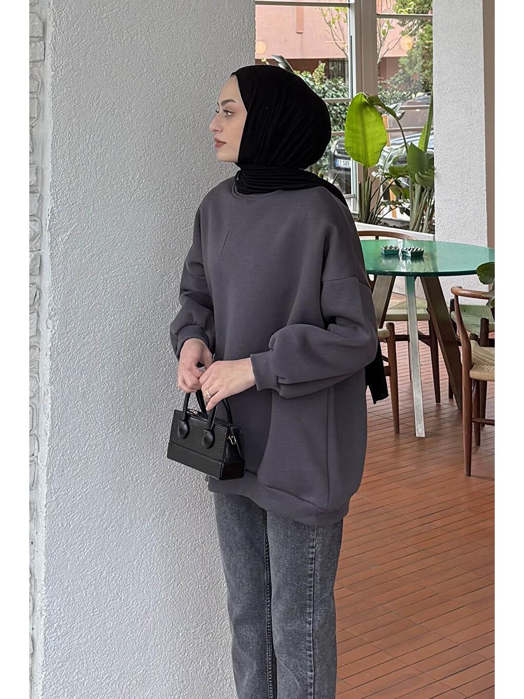 Jasmin Bisiklet Yaka Oversize Sweat Antrasit-1