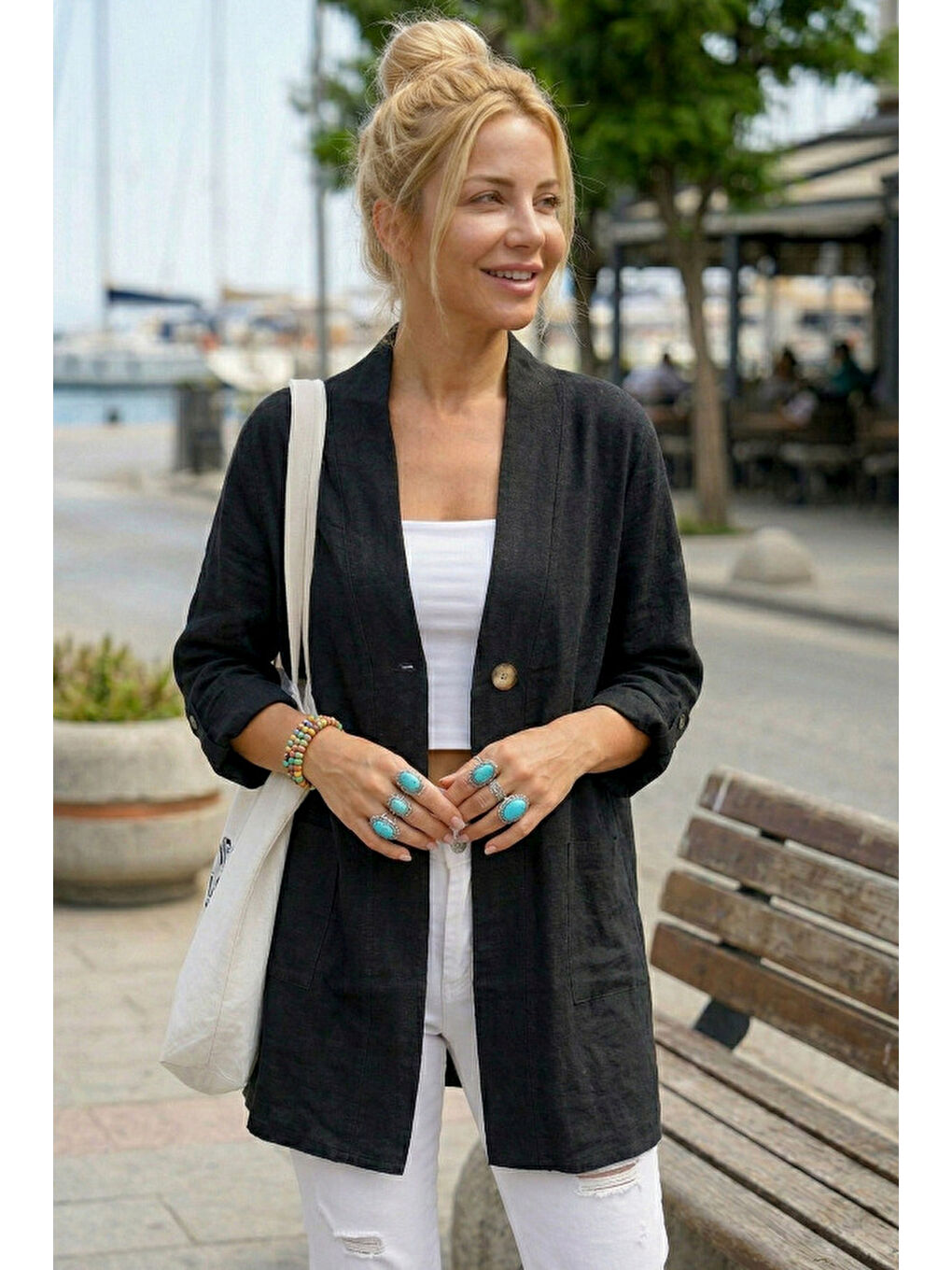 Siyah Kimono Yaka 3/4 Kol Düğmeli Çift Cepli Casual Flamlı Pamuklu Kumaş Dokuma Ceket 85 60-2