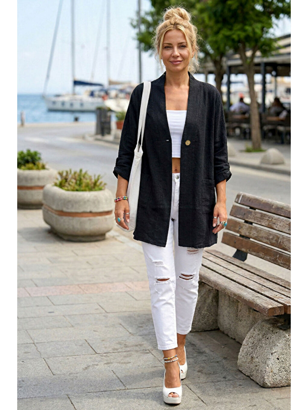 Siyah Kimono Yaka 3/4 Kol Düğmeli Çift Cepli Casual Flamlı Pamuklu Kumaş Dokuma Ceket 85 60-3