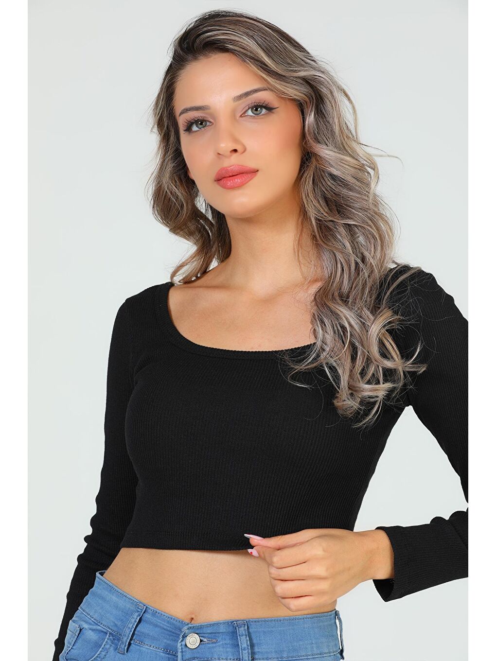 Julude Siyah Kadın Kare Yaka Kaşkorse Crop Body Bluz - 2