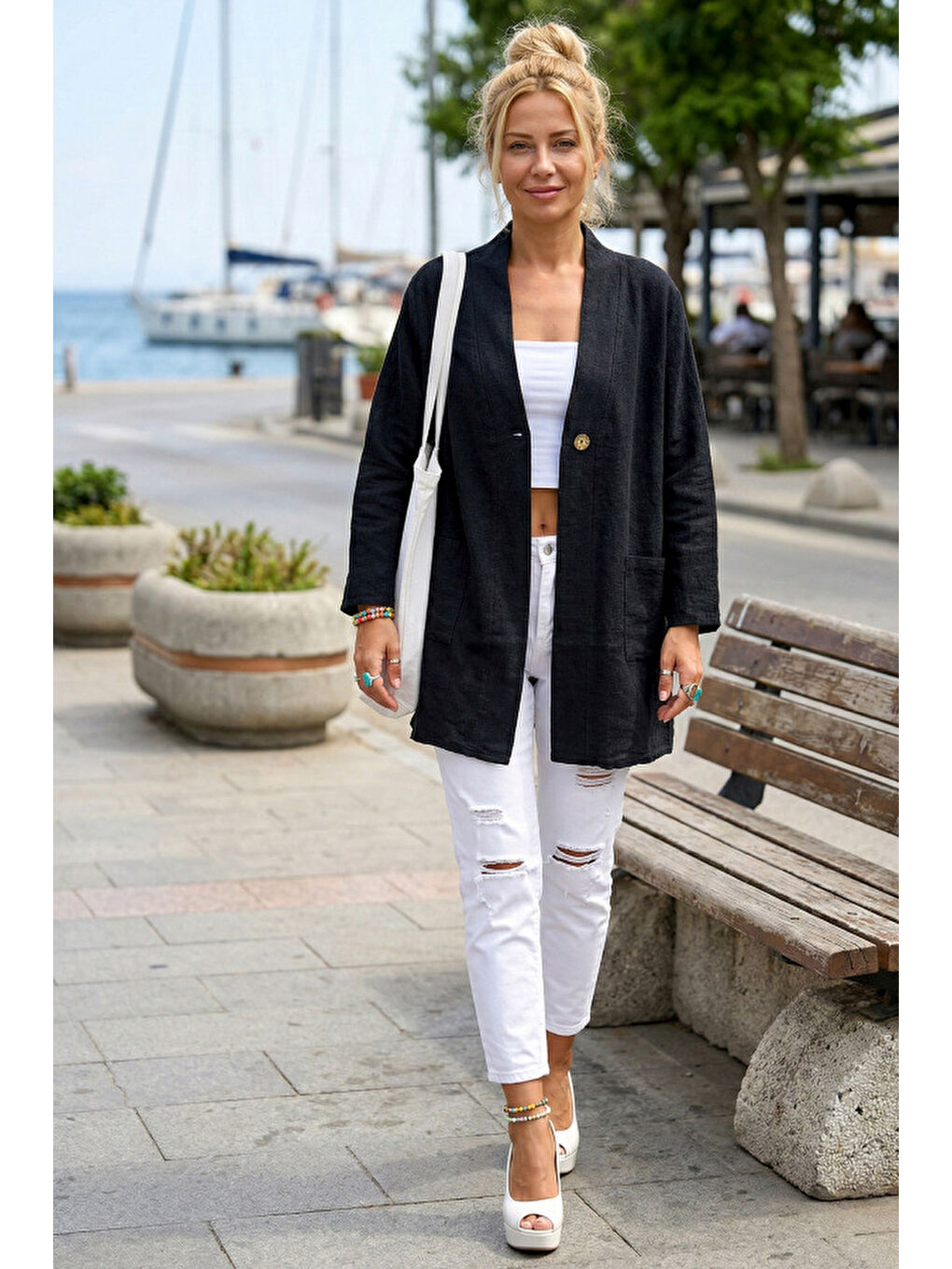 Siyah Kimono Yaka 3/4 Kol Düğmeli Çift Cepli Casual Flamlı Pamuklu Kumaş Dokuma Ceket 85 60-4