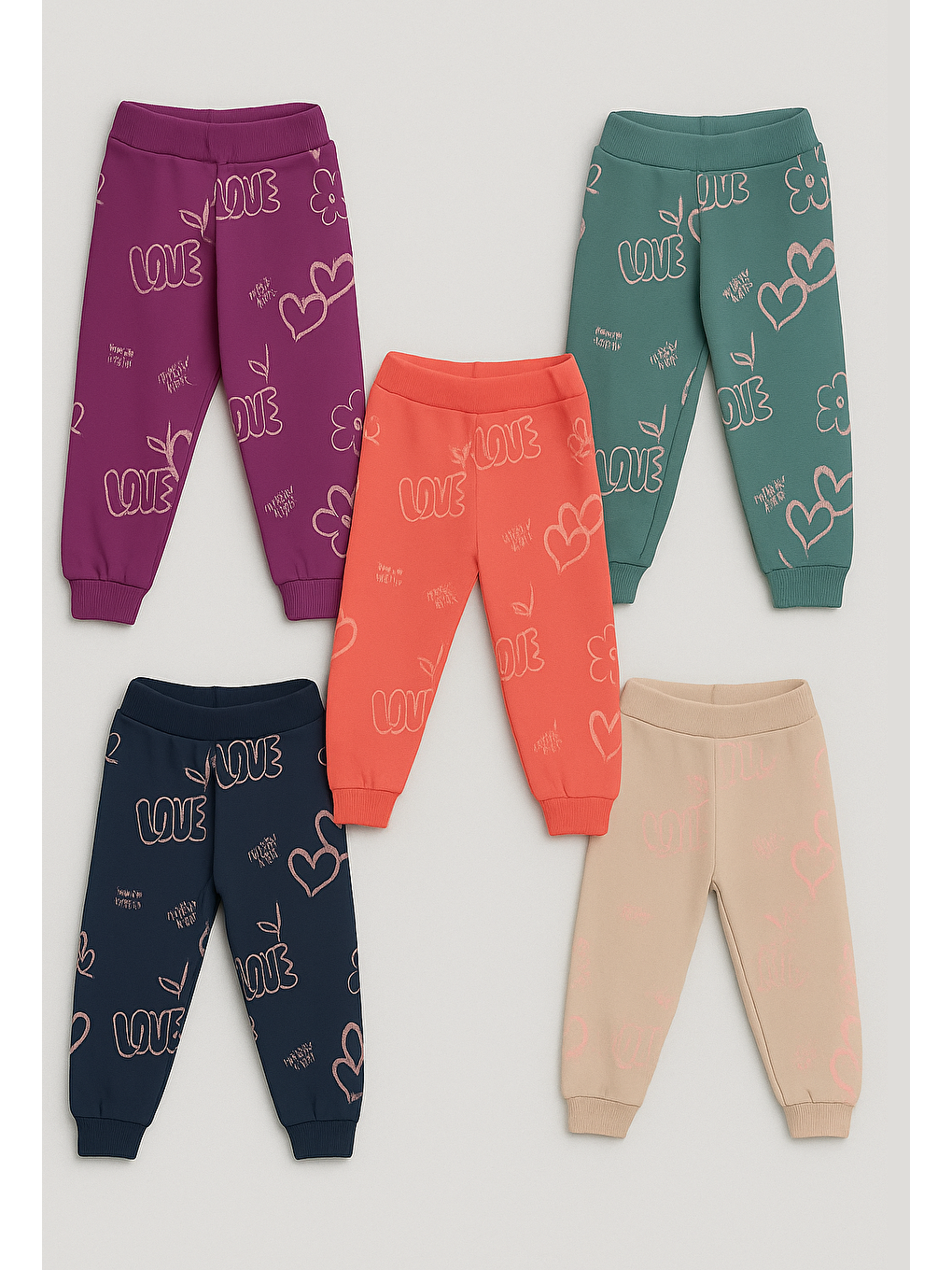Karışık 5'li paket Kalp baskılı bebek eşofman altı fitilli pantolon