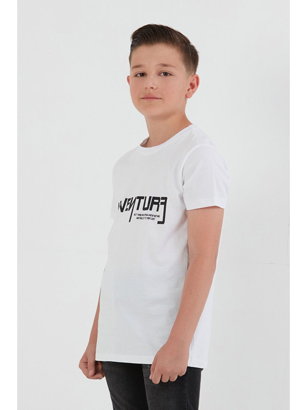 Beyaz %100 Pamuk Adventure Yazı Baskılı Erkek Çocuk Tişört-1