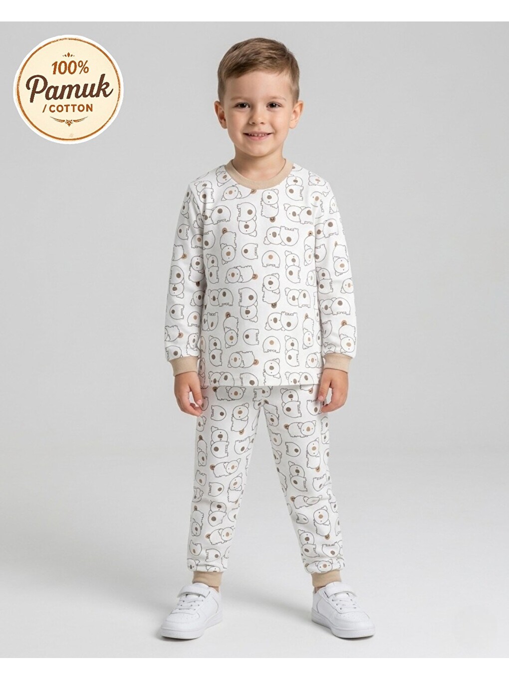 Ekru Erkek Çocuk 6-9 Yaş Koala Baskılı Bisiklet Yakalı Mevsimlik %100 Pamuk Gecelik Pijama Takımı