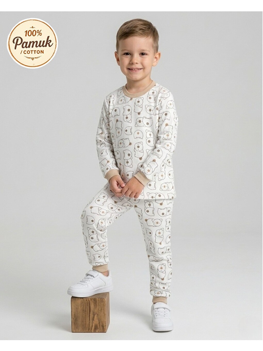 Ekru Erkek Çocuk 6-9 Yaş Koala Baskılı Bisiklet Yakalı Mevsimlik %100 Pamuk Gecelik Pijama Takımı-1