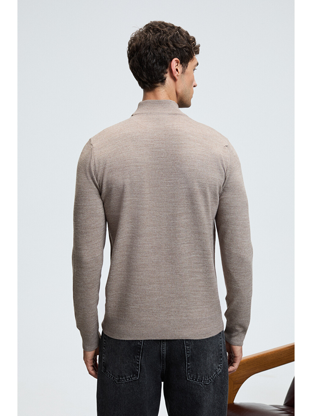 Bej Rebel Erkek Yarım Balıkçı Yaka Basic Slim Fit Triko Vizon Kazak-5