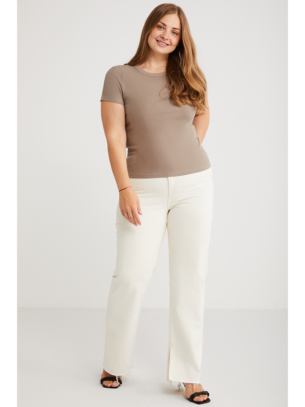Bej Hanny Kadın Büyük Beden Regular Fit Bisiklet Yaka Basic Kaşkorse Vizon Büyük Beden T-shirt-1