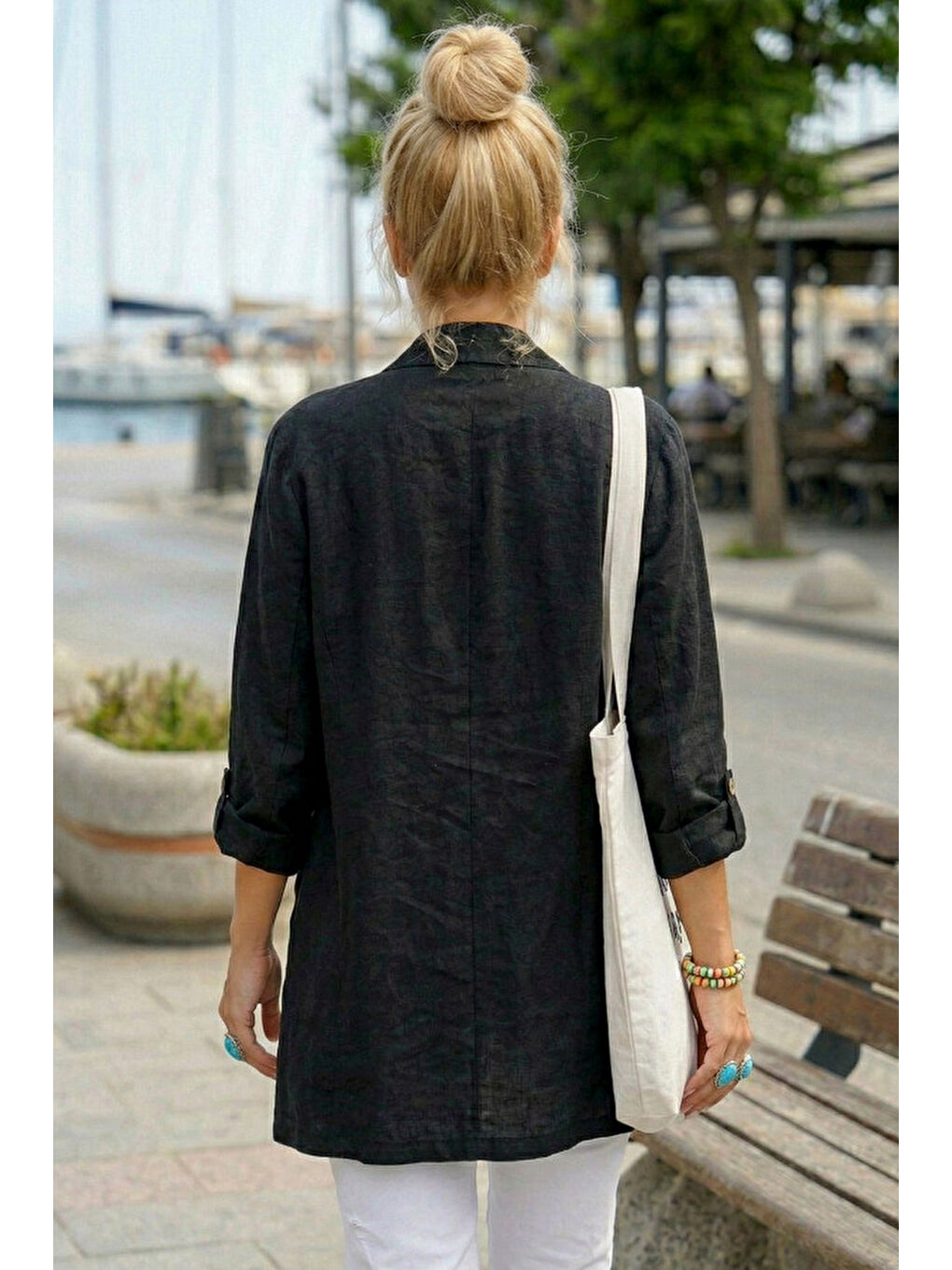 Siyah Kimono Yaka 3/4 Kol Düğmeli Çift Cepli Casual Flamlı Pamuklu Kumaş Dokuma Ceket 85 60-5