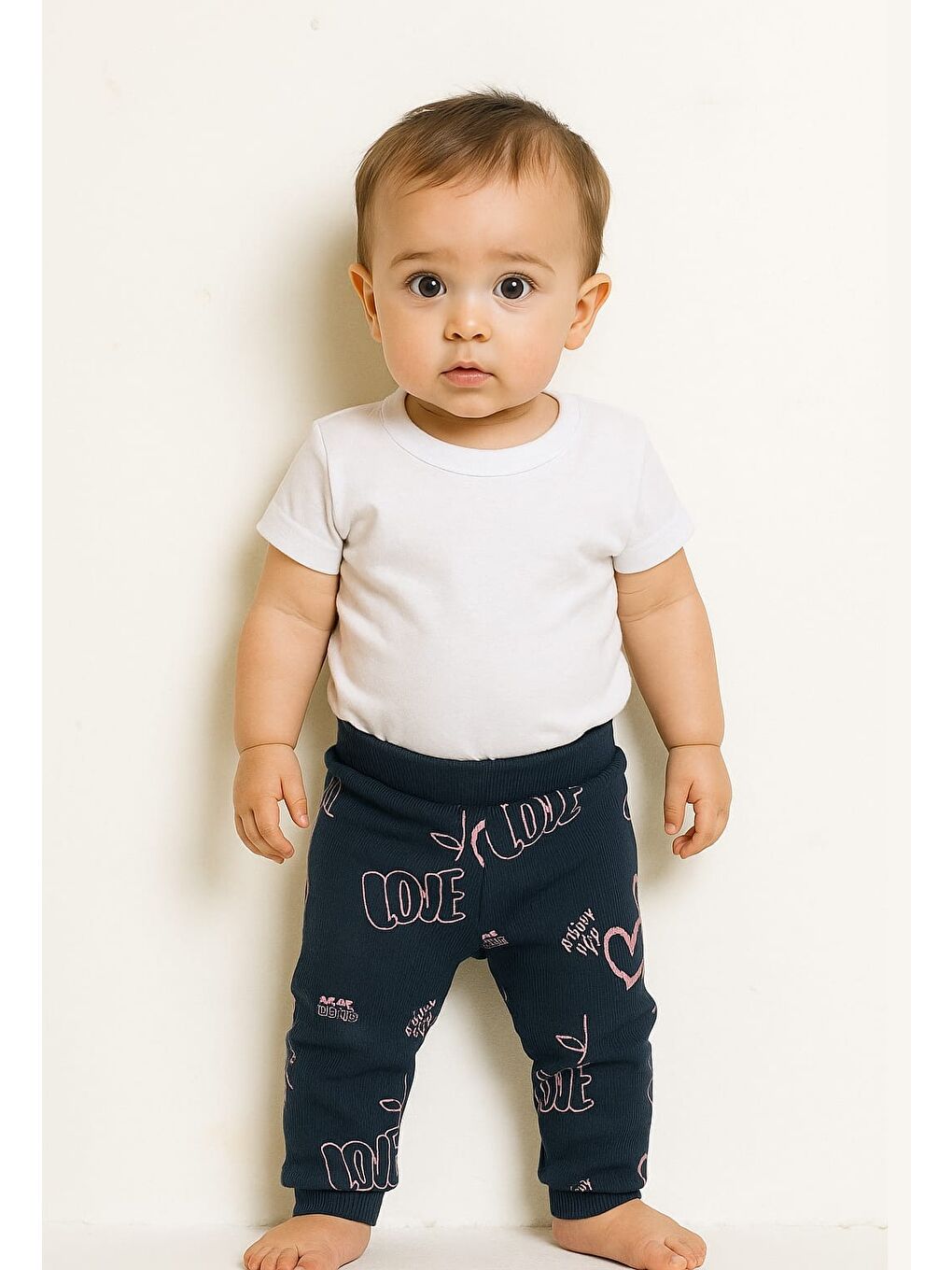 Karışık 5'li paket Kalp baskılı bebek eşofman altı fitilli pantolon-1