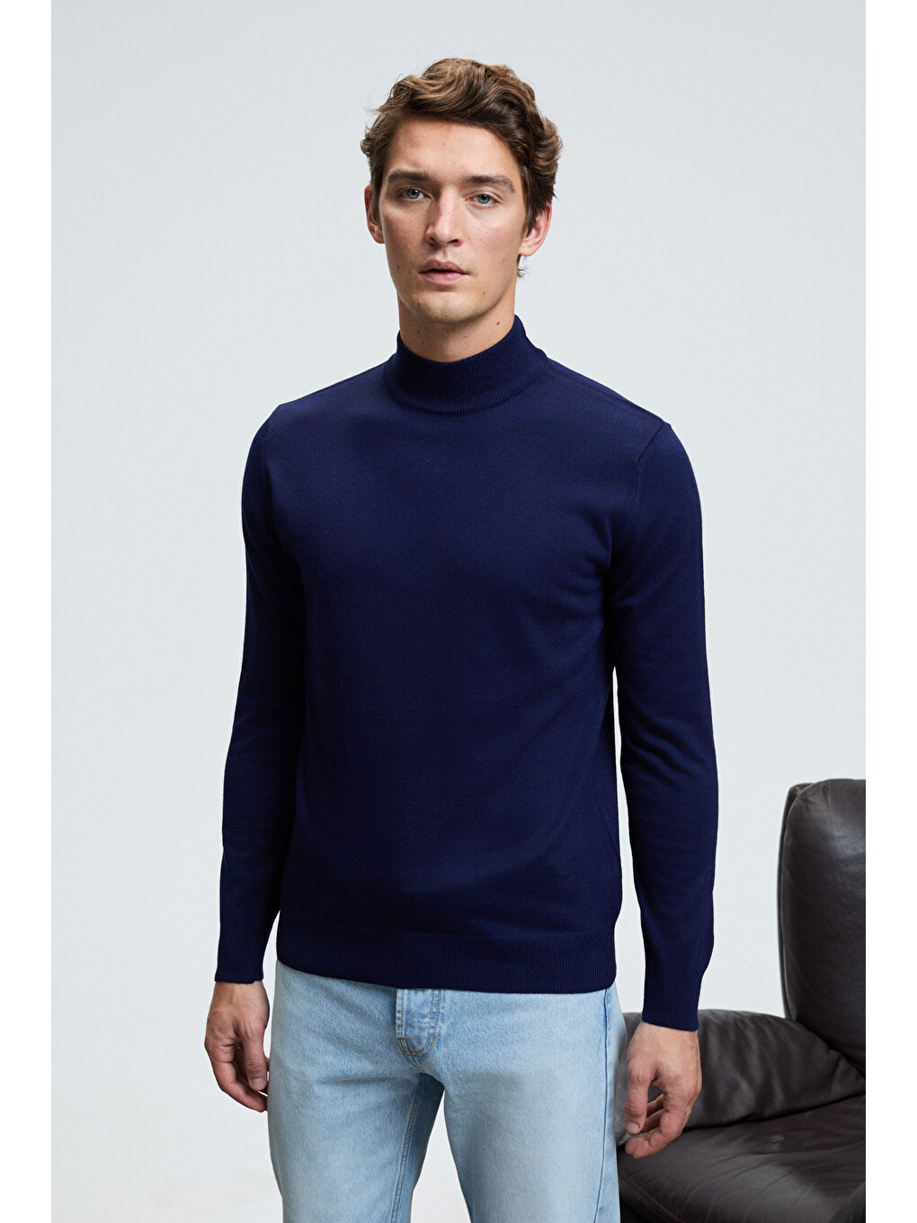 Rebel Erkek Yarım Balıkçı Yaka Basic Slim Fit Triko Lacivert Kazak-2