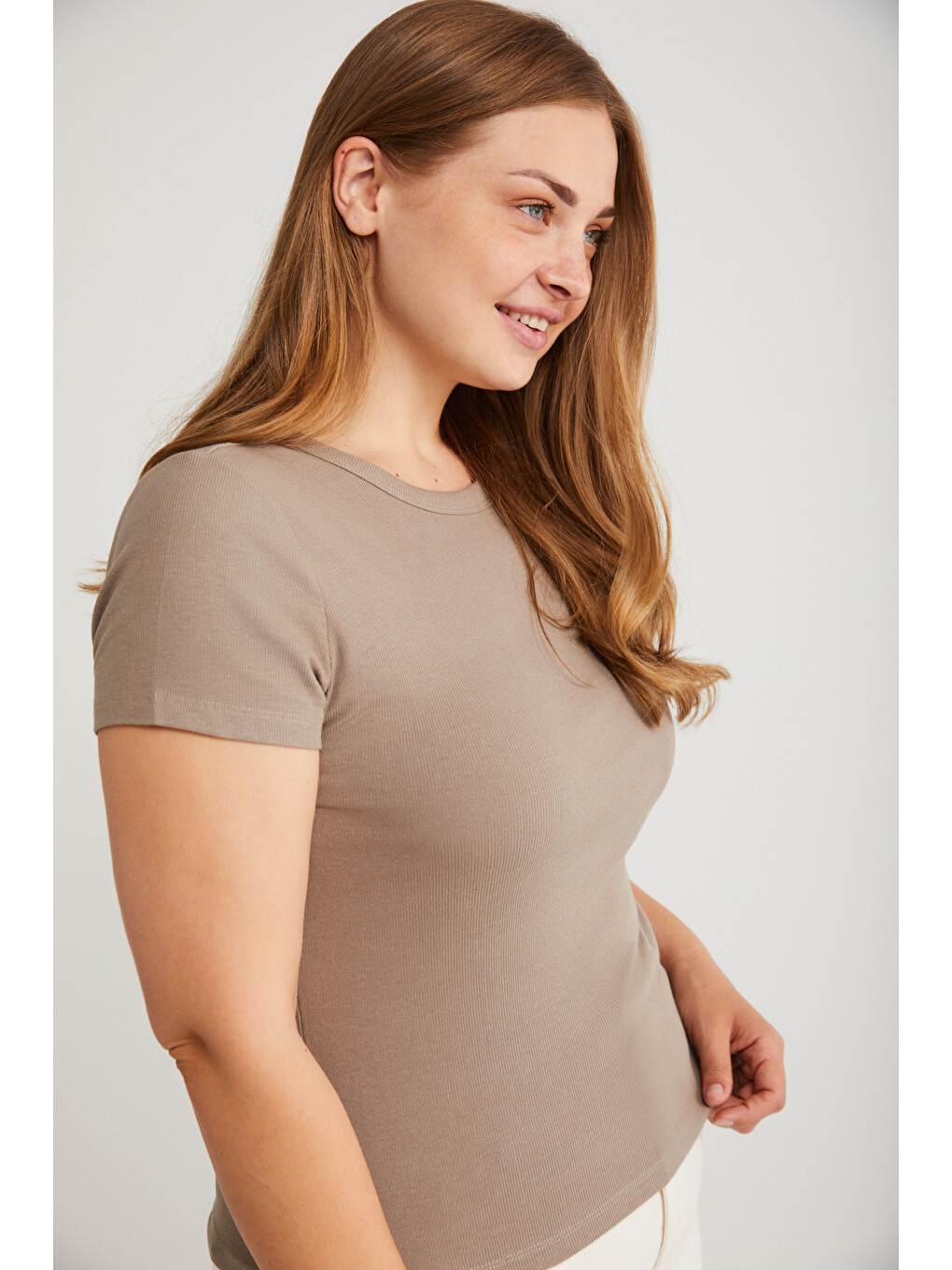 Bej Hanny Kadın Büyük Beden Regular Fit Bisiklet Yaka Basic Kaşkorse Vizon Büyük Beden T-shirt-2