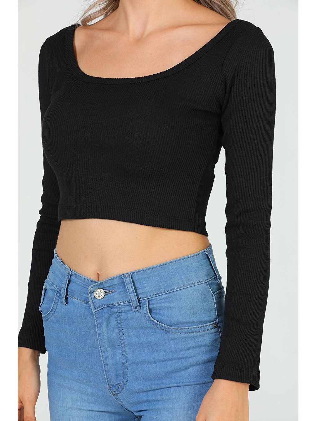 Julude Siyah Kadın Kare Yaka Kaşkorse Crop Body Bluz - 5