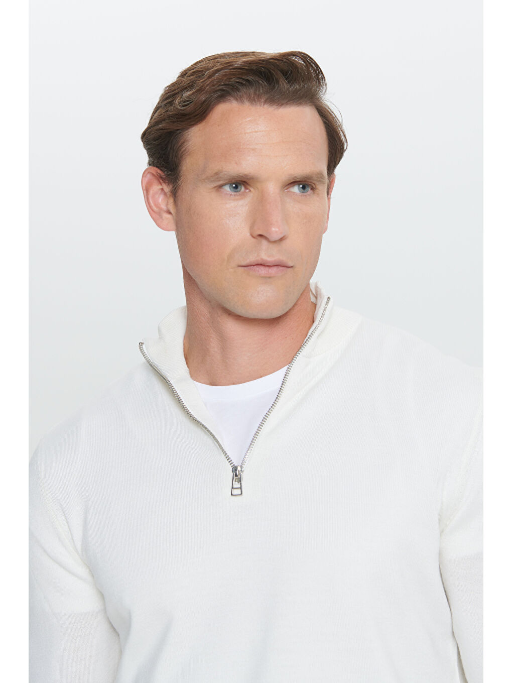 Erkek Ekru Standart Fit Normal Kesim Bato Yaka Triko Kazak-3