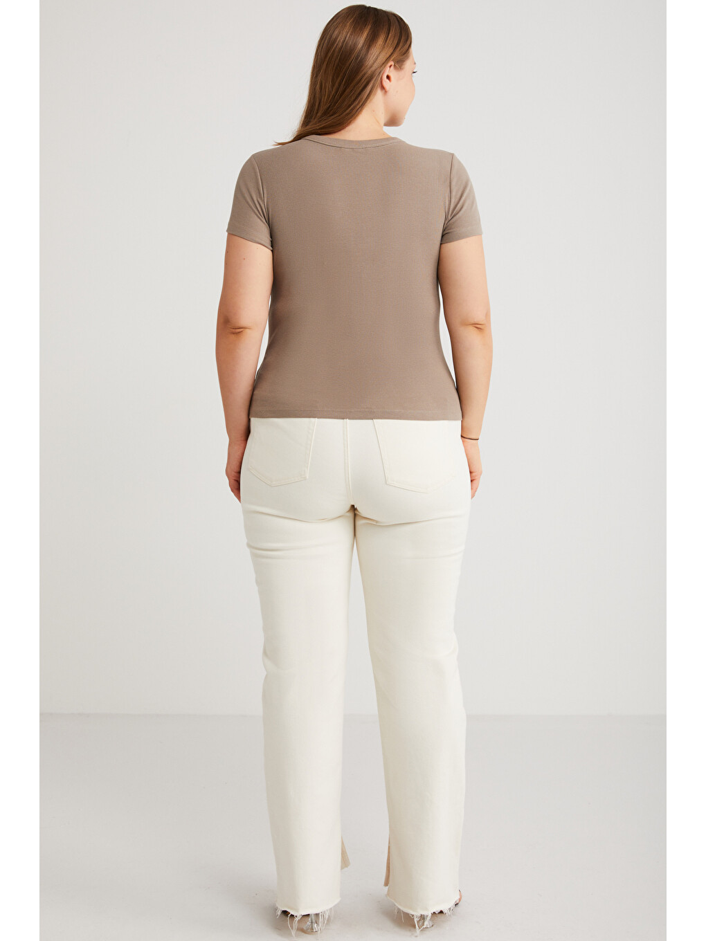 Bej Hanny Kadın Büyük Beden Regular Fit Bisiklet Yaka Basic Kaşkorse Vizon Büyük Beden T-shirt-5