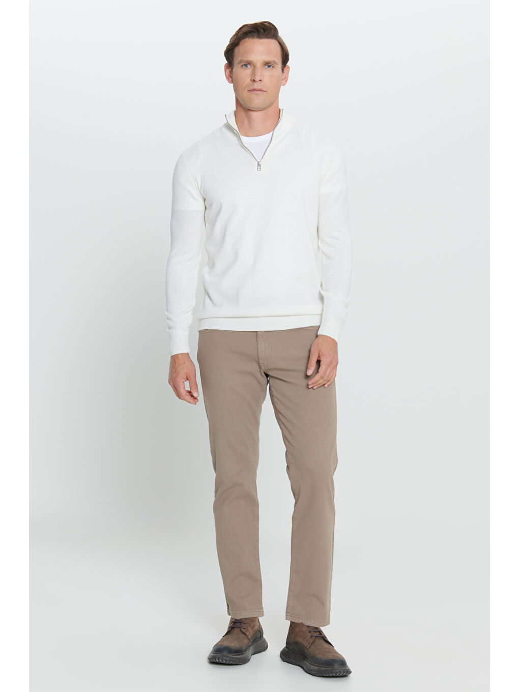 Erkek Ekru Standart Fit Normal Kesim Bato Yaka Triko Kazak-4