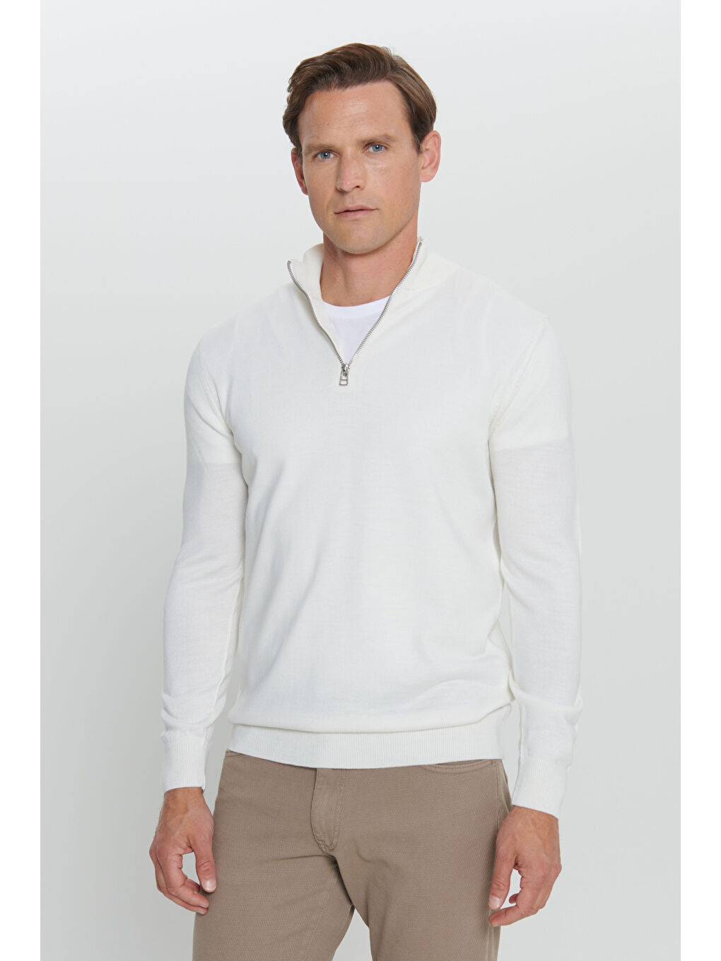 Erkek Ekru Standart Fit Normal Kesim Bato Yaka Triko Kazak-5