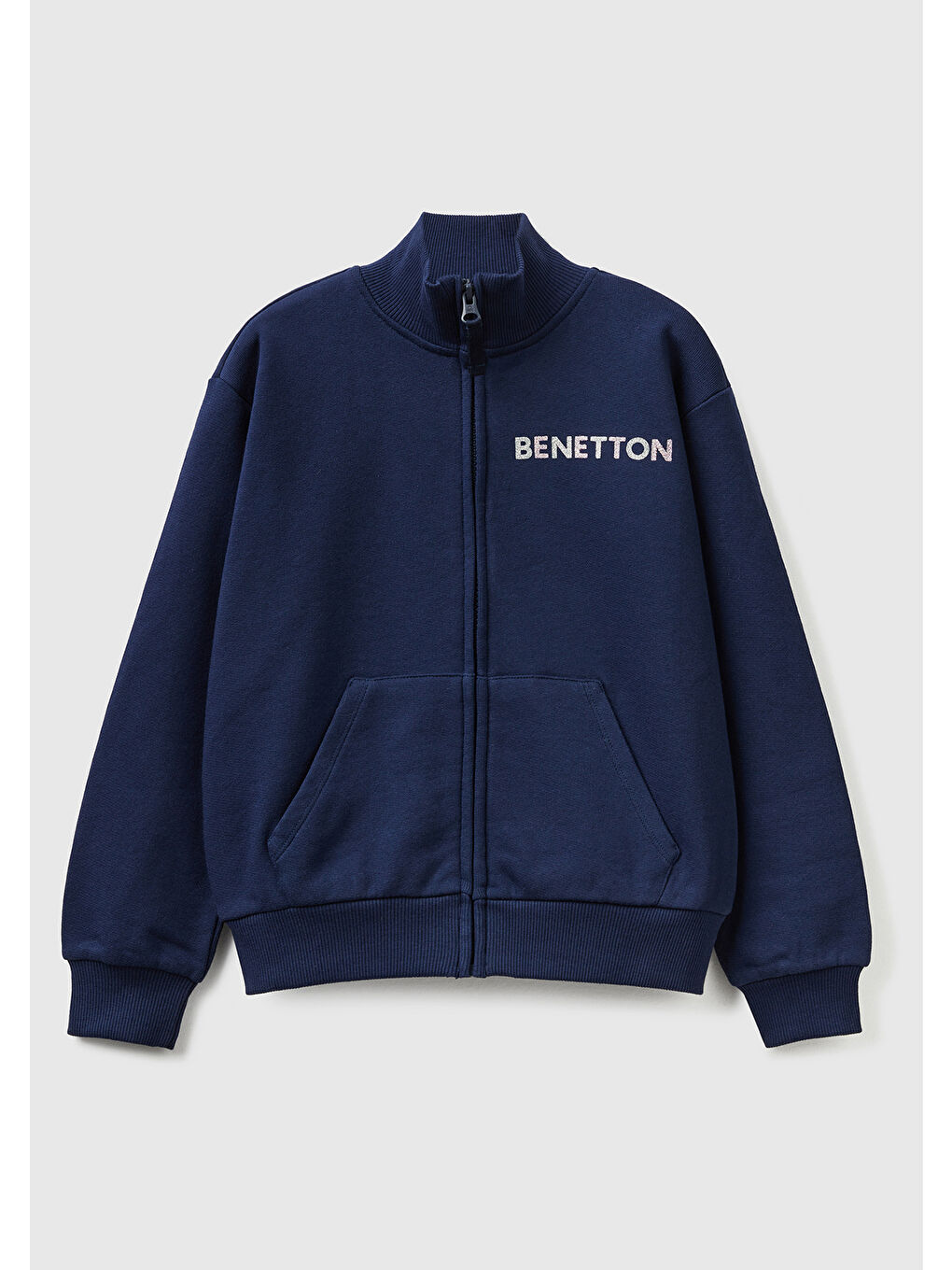 United Colors Of Benetton Kız Çocuk Lacivert Slogan Baskılı Dik Yaka Fermuarlı  Sweatshirt