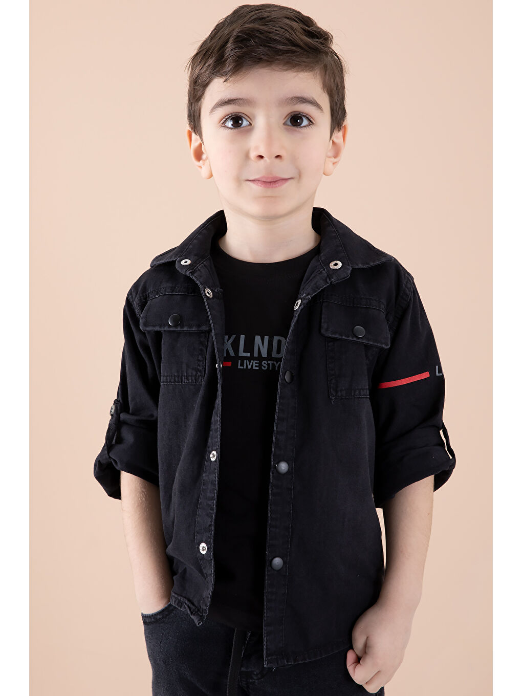 Siyah Sırtı Baskılı Jean Gömlekli Tişörtlü Erkek Çocuk 2li Takım 20270-2