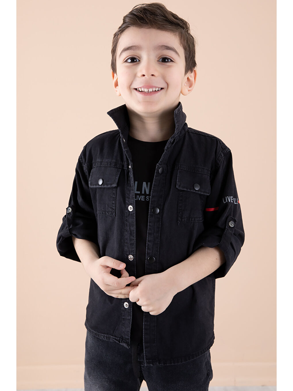 Siyah Sırtı Baskılı Jean Gömlekli Tişörtlü Erkek Çocuk 2li Takım 20270-3