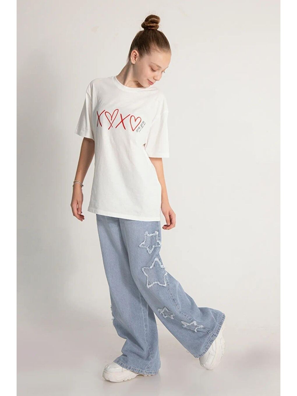 Mavi Kız Çocuk Yıldız Desenli Geniş Paça Jean Pantolon  9 14 Yaş