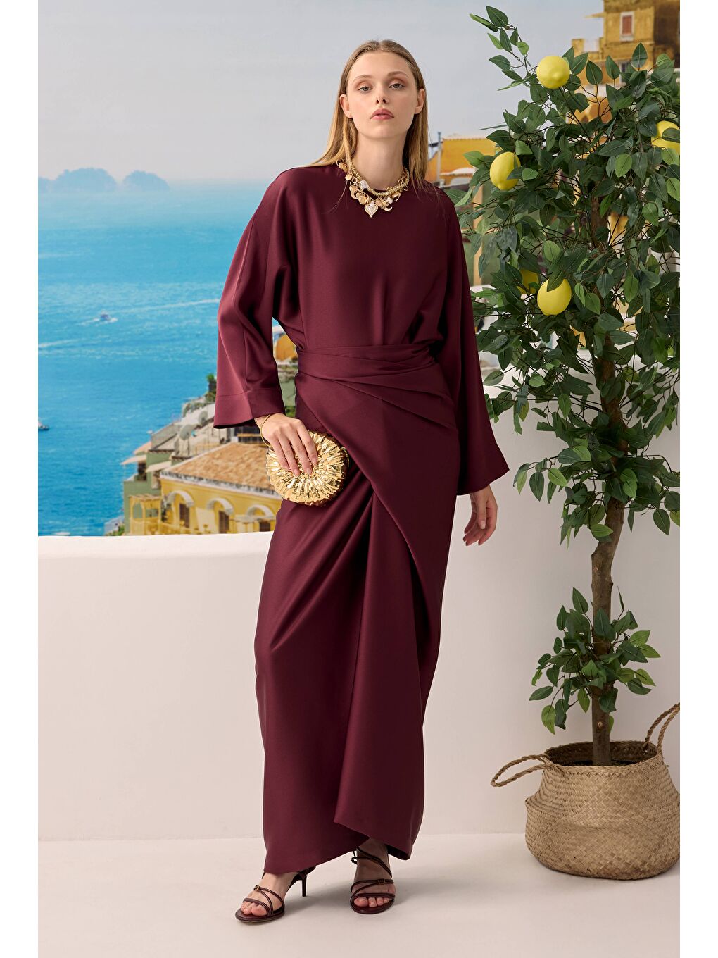 İki Parçalı Basic Elbise Bordo-1