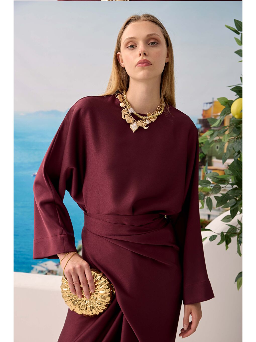 İki Parçalı Basic Elbise Bordo-2