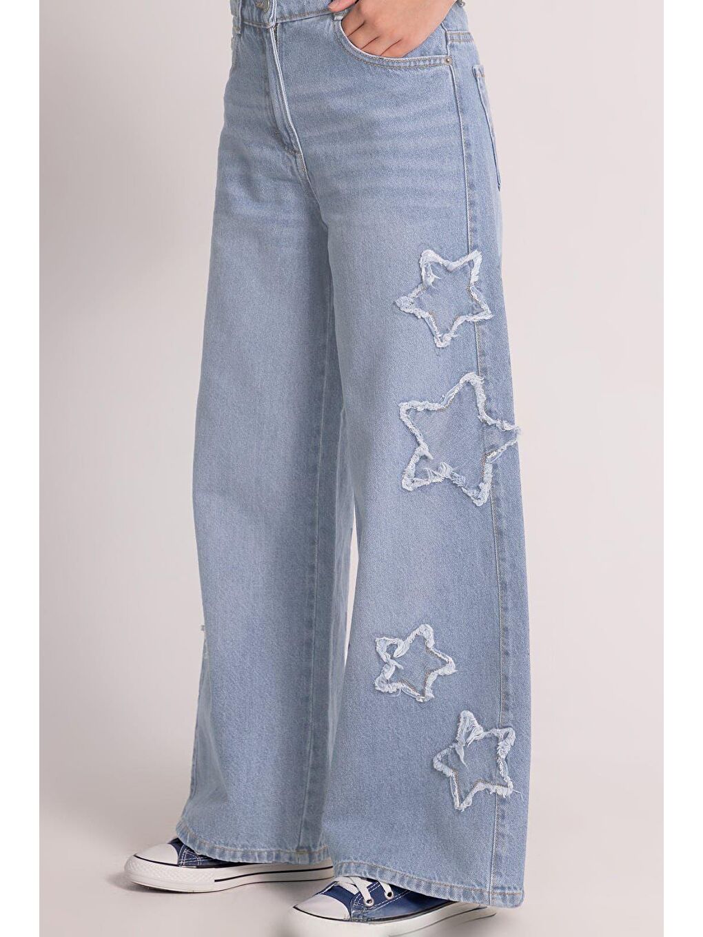 Mavi Kız Çocuk Yıldız Desenli Geniş Paça Jean Pantolon  9 14 Yaş-2