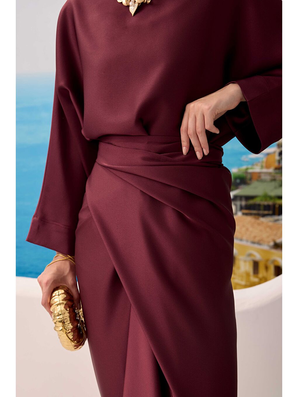 İki Parçalı Basic Elbise Bordo-3