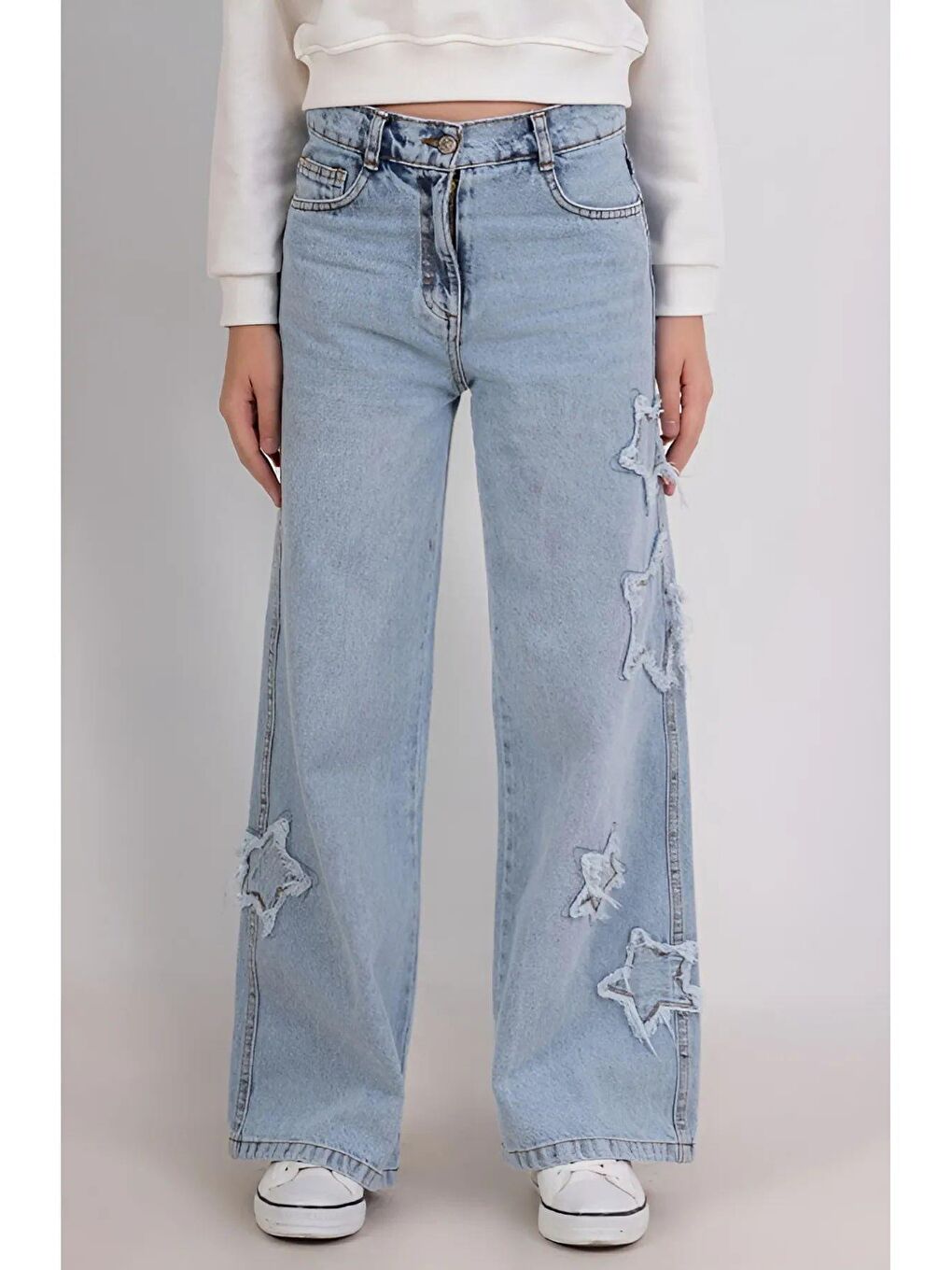 Mavi Kız Çocuk Yıldız Desenli Geniş Paça Jean Pantolon  9 14 Yaş-3