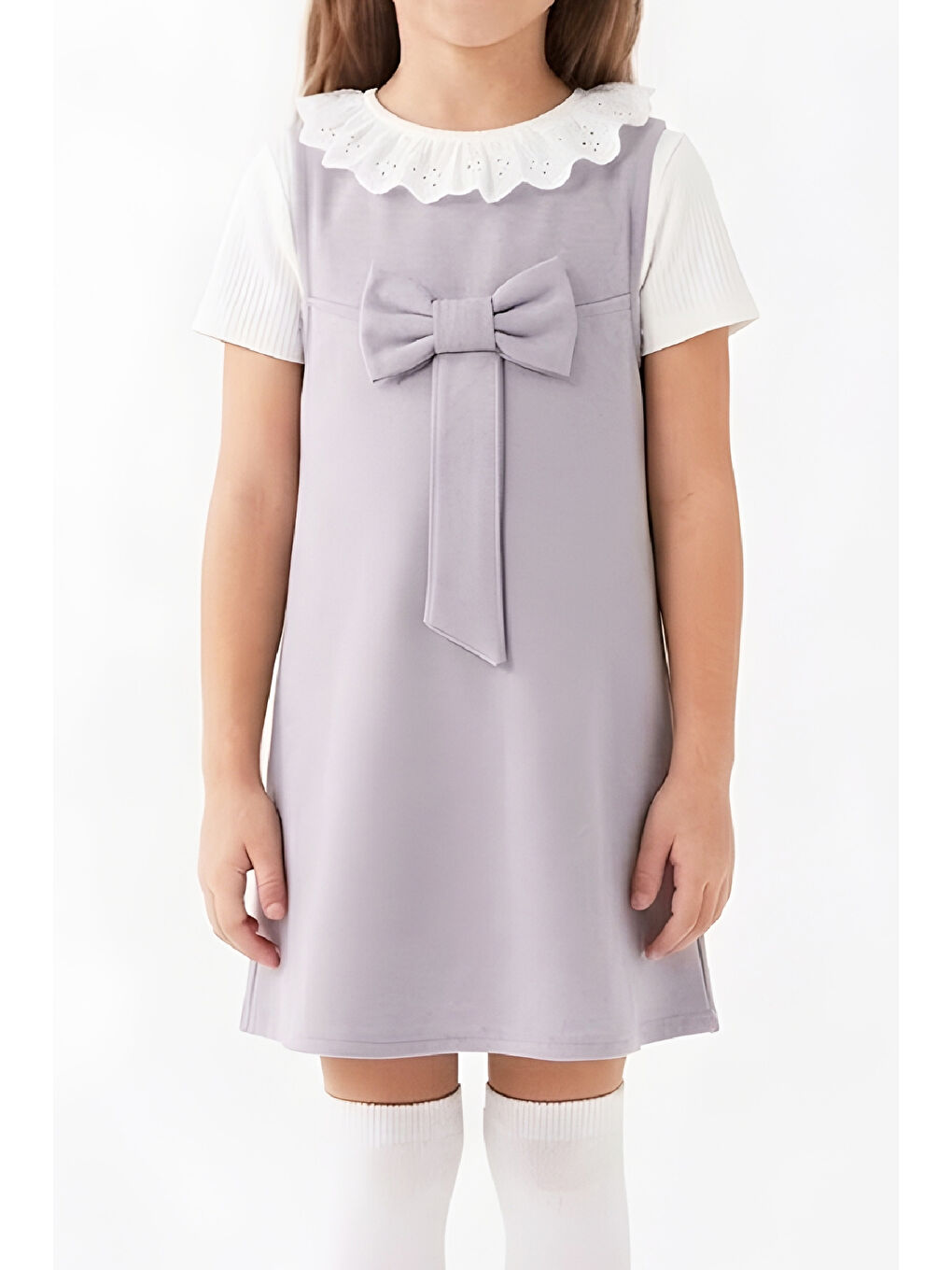 Gri Kız Çocuk 2'li Elbise (Double Face Kumaş Elbise+Nakış Yakalı Bluz) 4-9 Yaş 12563