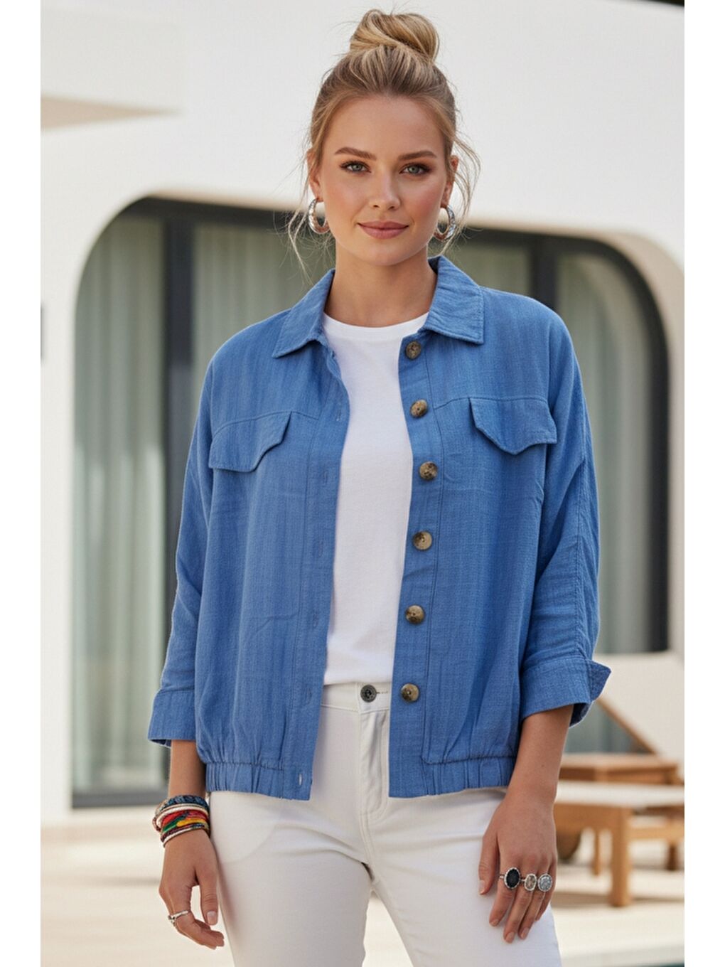 Mavi Gömlek Yaka Manşetli Kollu Çift Kapaklı Cepli Casual Keten Görünümlü Dokuma Ceket 65 65