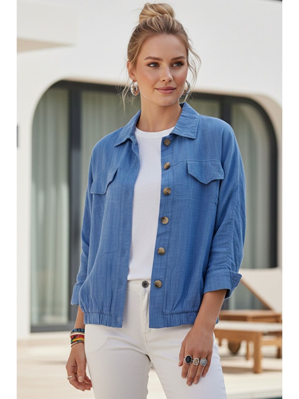 Mavi Gömlek Yaka Manşetli Kollu Çift Kapaklı Cepli Casual Keten Görünümlü Dokuma Ceket 65 65-1