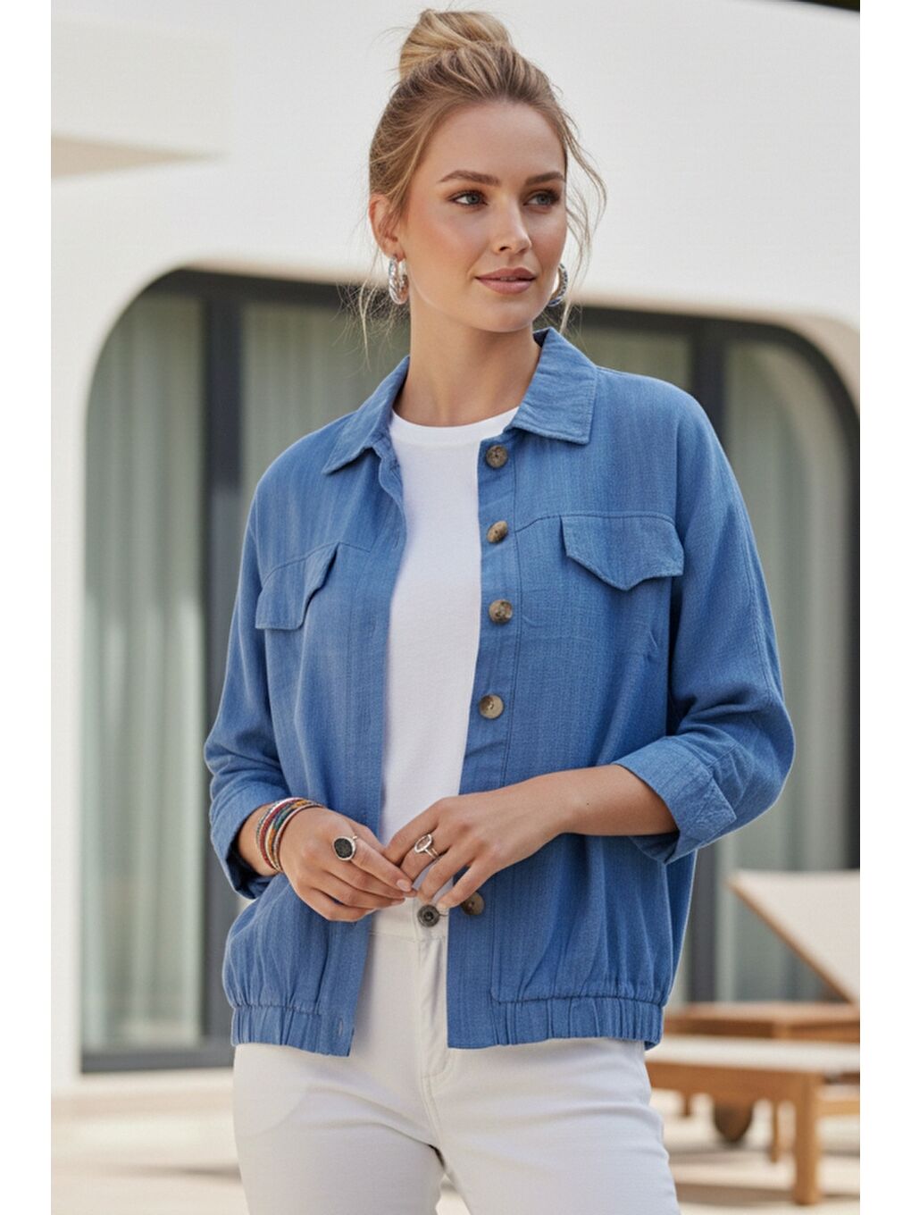 Mavi Gömlek Yaka Manşetli Kollu Çift Kapaklı Cepli Casual Keten Görünümlü Dokuma Ceket 65 65-2