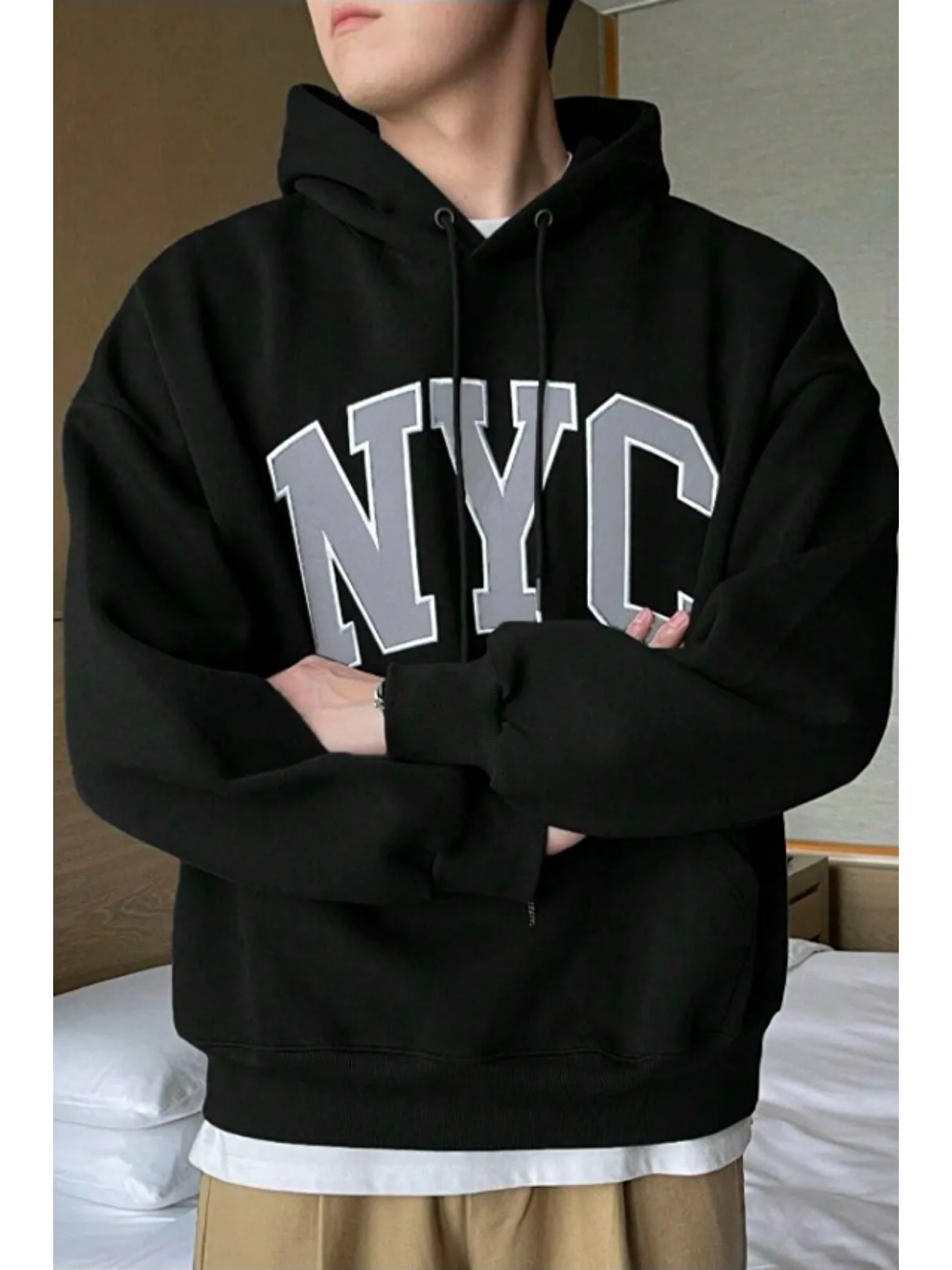 Tarz Cool Siyah Erkek Nyc Baskılı Regular Fit Kapüşonlu Sweatshirt Hoodie