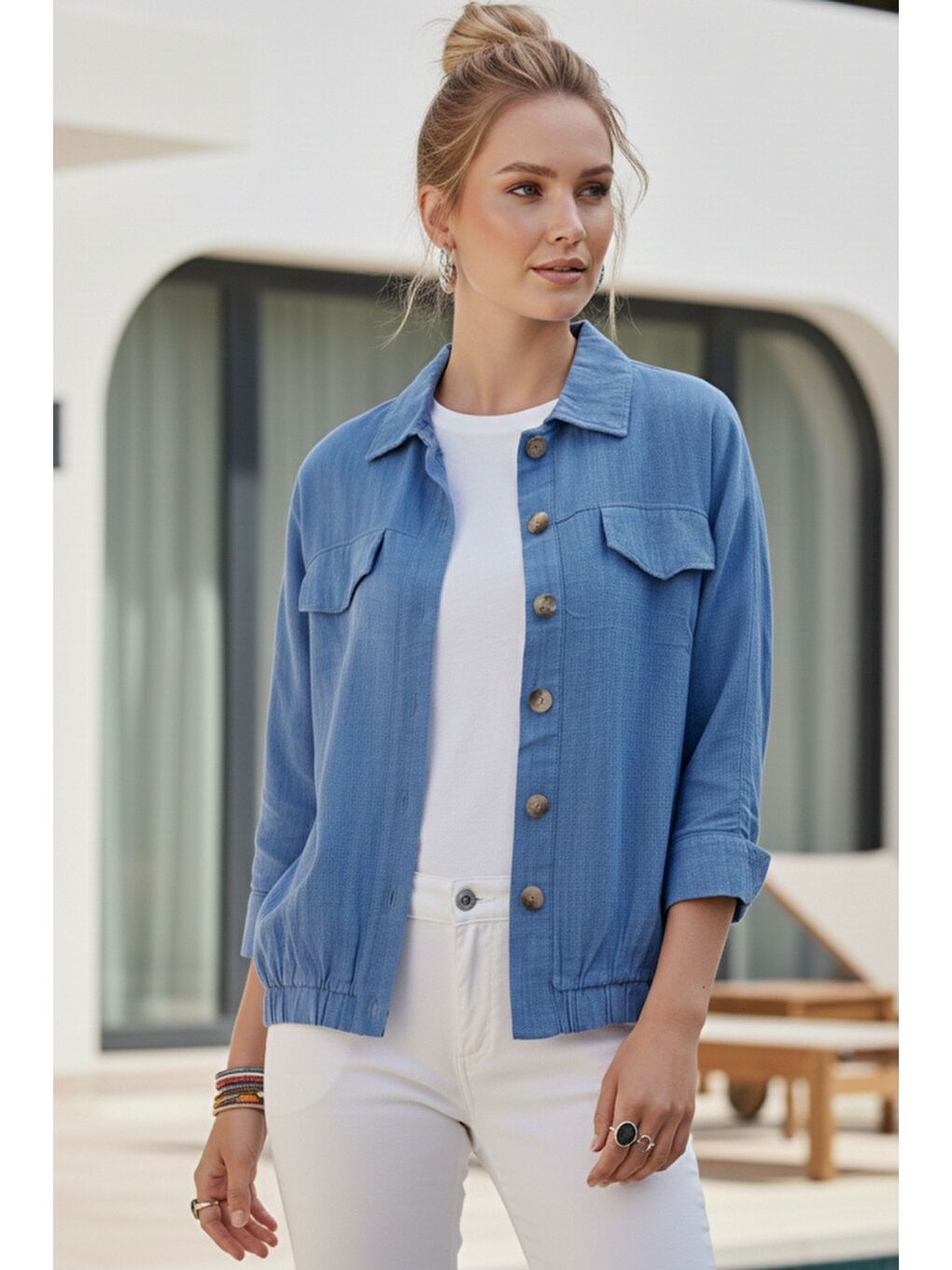 Mavi Gömlek Yaka Manşetli Kollu Çift Kapaklı Cepli Casual Keten Görünümlü Dokuma Ceket 65 65-3