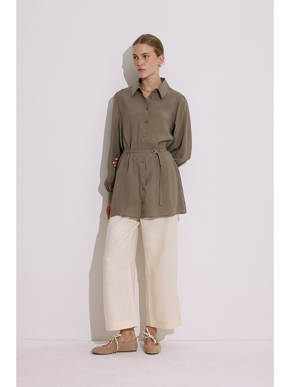 Modal Kemerli Gömlek Haki-1