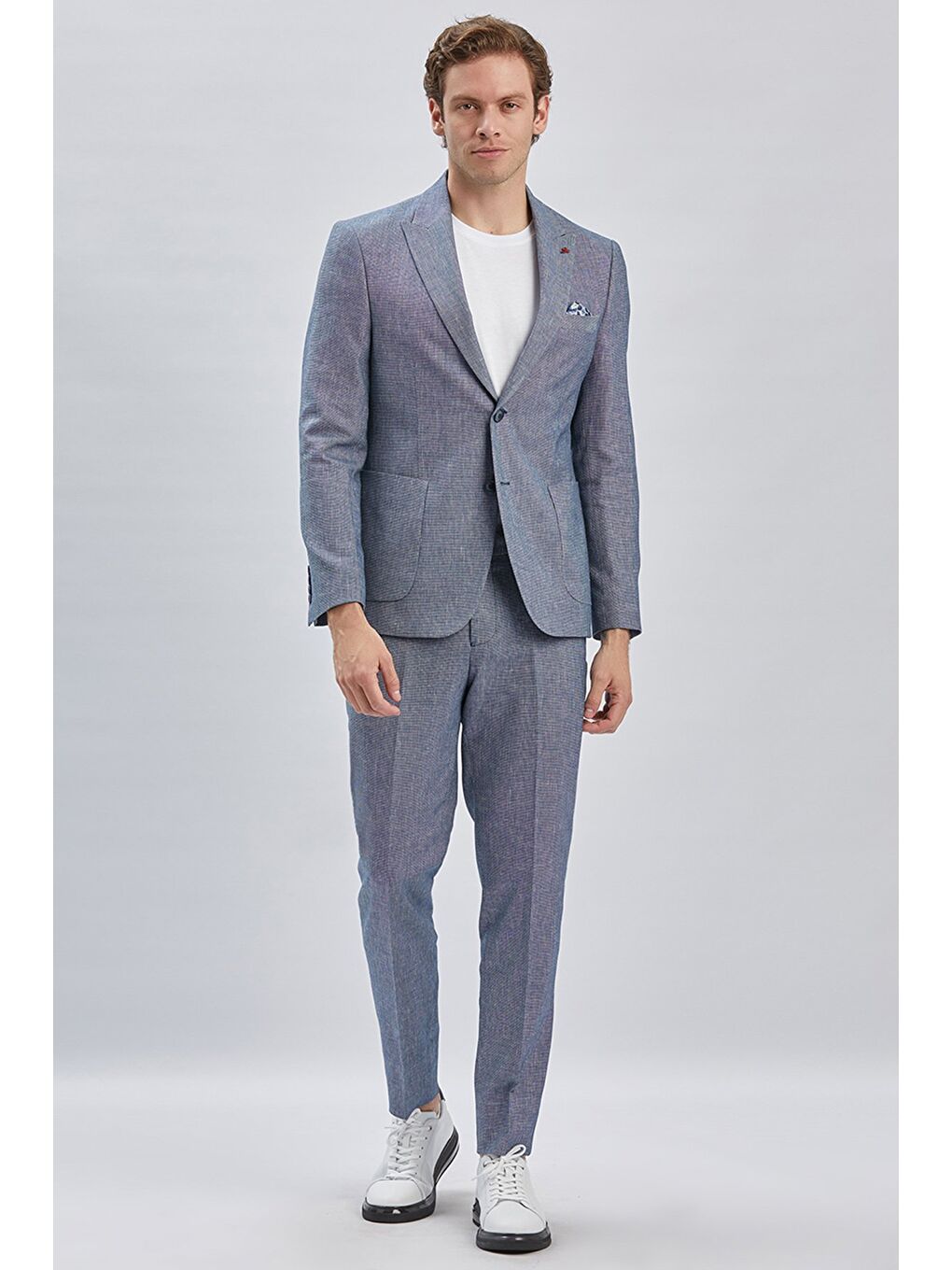 Koyu Lacivert Kırlangıç Yaka Pamuklu Keten 6 Drop Slim Fit Dar Kesim Klasik Takım Elbise 1001240103-1