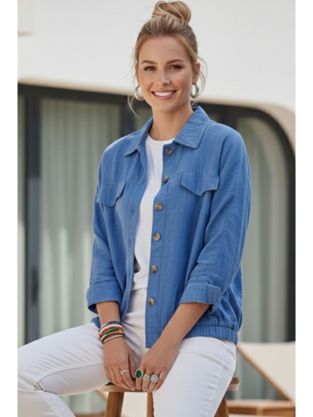 Mavi Gömlek Yaka Manşetli Kollu Çift Kapaklı Cepli Casual Keten Görünümlü Dokuma Ceket 65 65-4