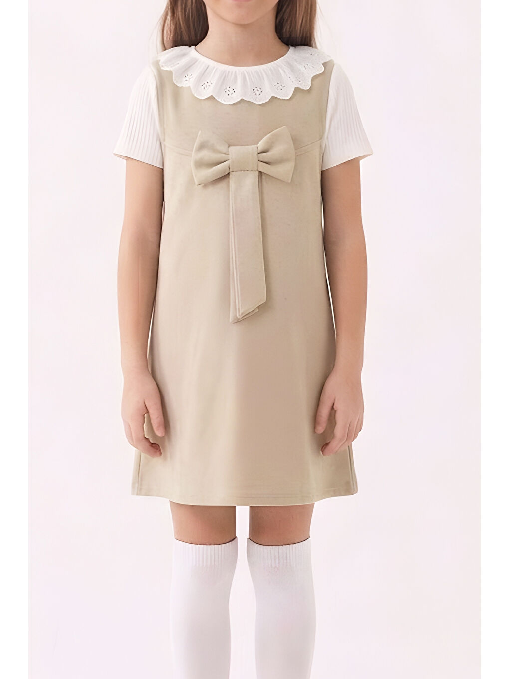 Ekru Kız Çocuk 2'li Elbise (Double Face Kumaş Elbise+Nakış Yakalı Bluz) 4-9 Yaş 12563