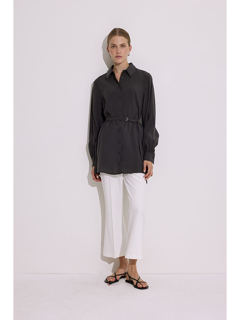 Modal Kemerli Gömlek Antrasit-1