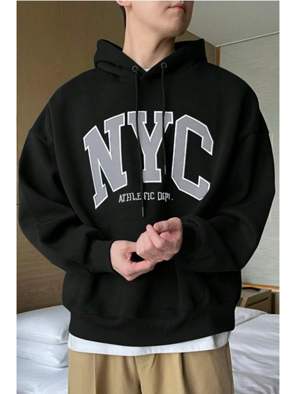 Tarz Cool Siyah Erkek Nyc Baskılı Regular Fit Kapüşonlu Sweatshirt Hoodie - 1