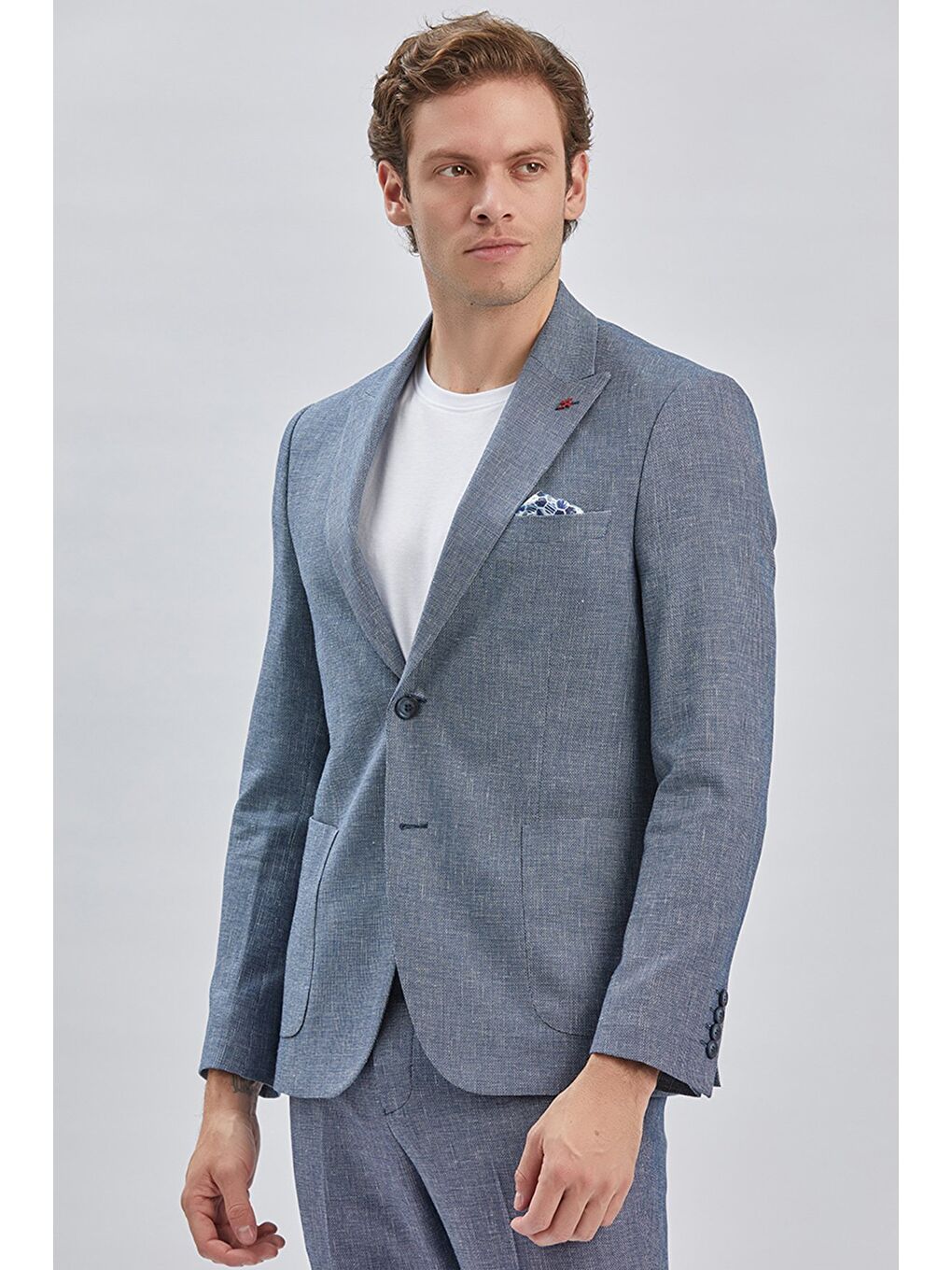 Koyu Lacivert Kırlangıç Yaka Pamuklu Keten 6 Drop Slim Fit Dar Kesim Klasik Takım Elbise 1001240103-2