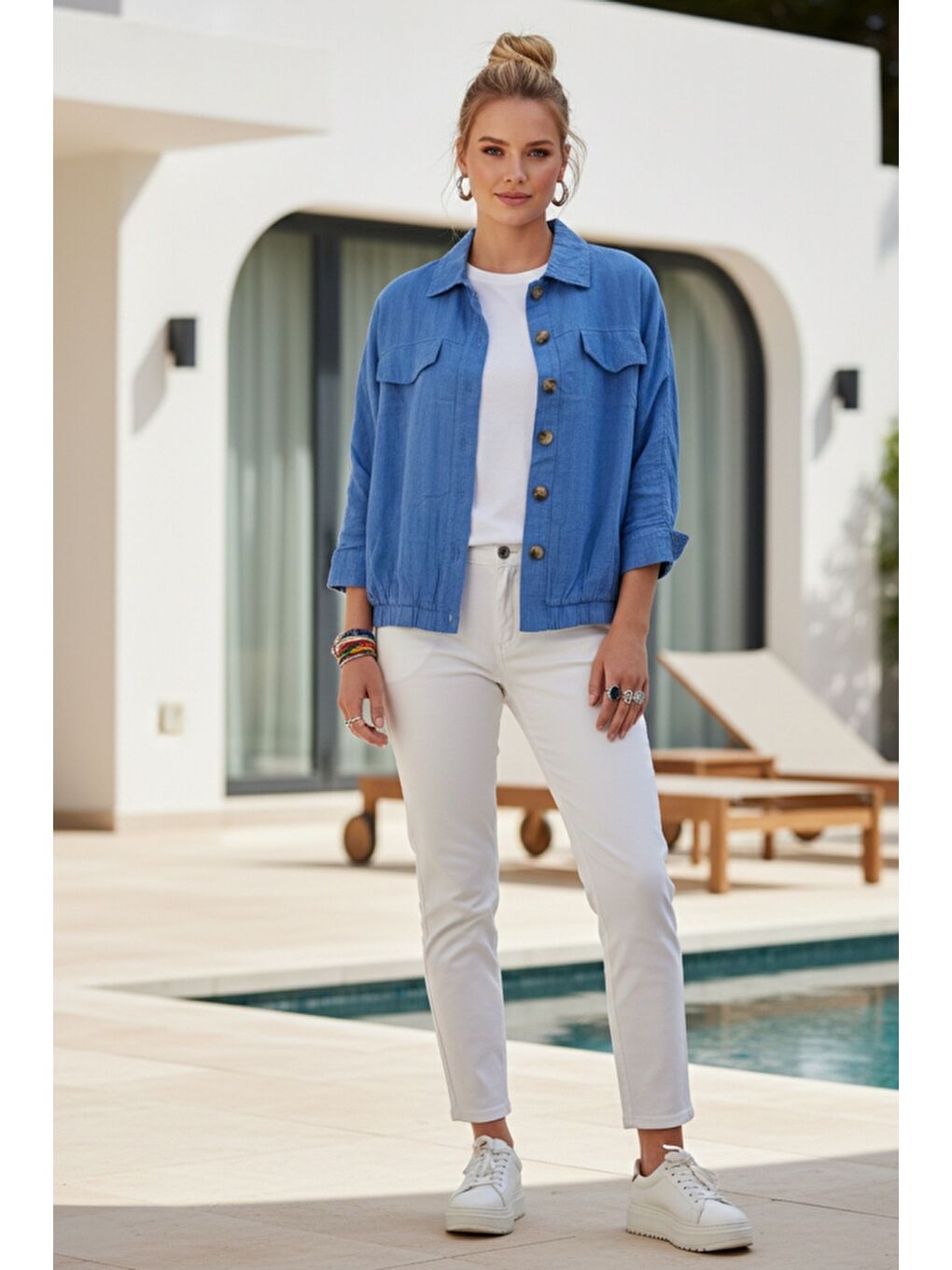 Mavi Gömlek Yaka Manşetli Kollu Çift Kapaklı Cepli Casual Keten Görünümlü Dokuma Ceket 65 65-5