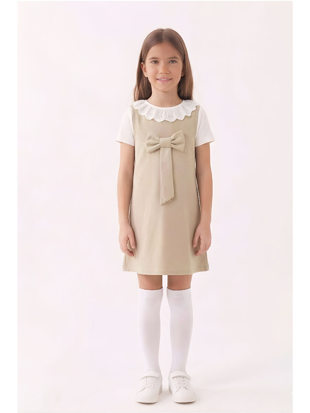 Ekru Kız Çocuk 2'li Elbise (Double Face Kumaş Elbise+Nakış Yakalı Bluz) 4-9 Yaş 12563-1