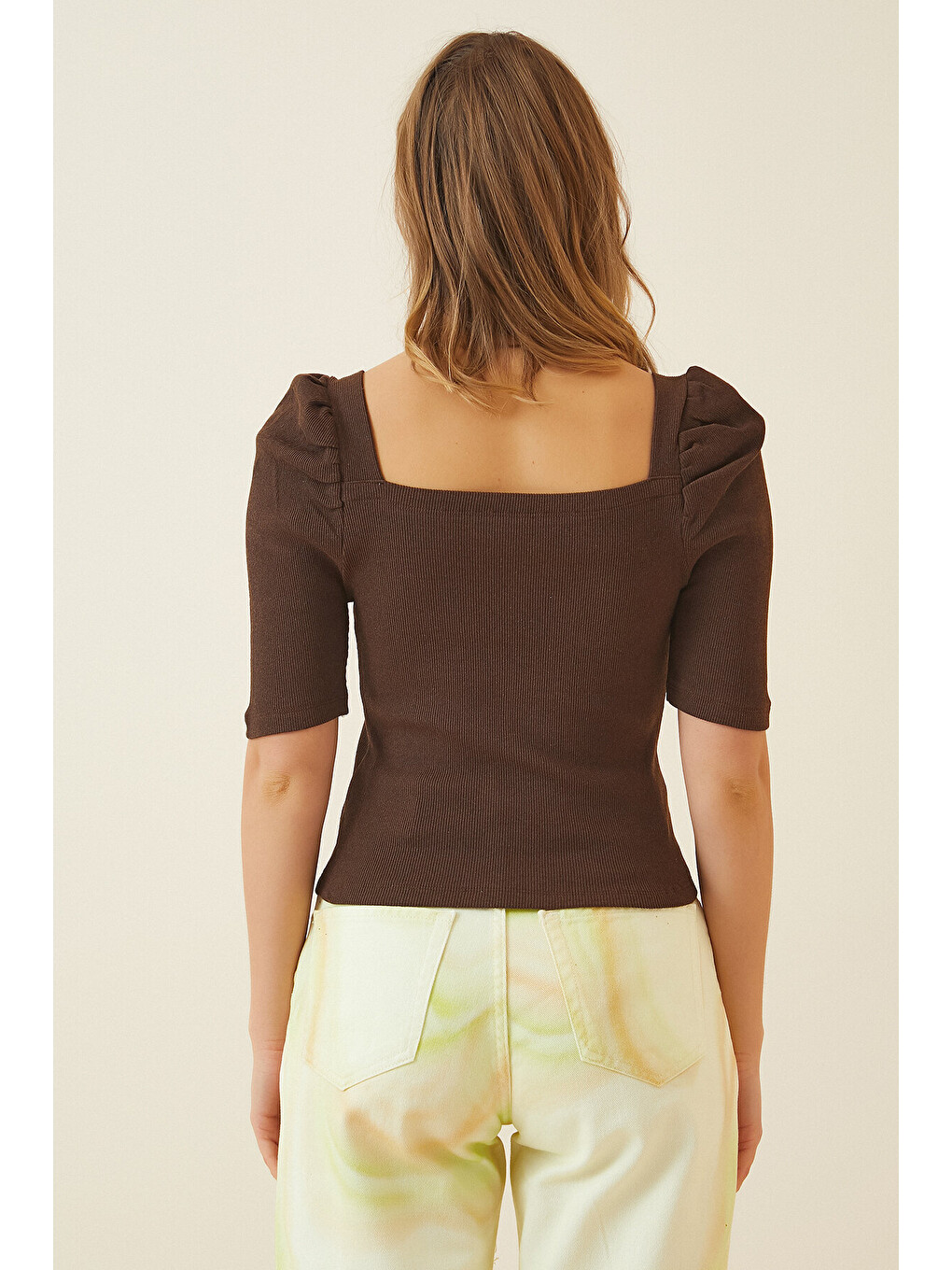 Kahverengi Kare Yaka Fitilli Crop Bluz KAHVERENGİ LGT0011-2