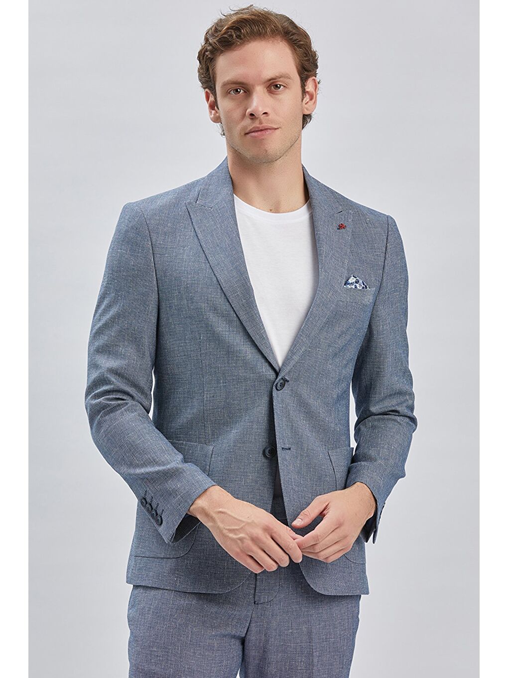 Koyu Lacivert Kırlangıç Yaka Pamuklu Keten 6 Drop Slim Fit Dar Kesim Klasik Takım Elbise 1001240103-3